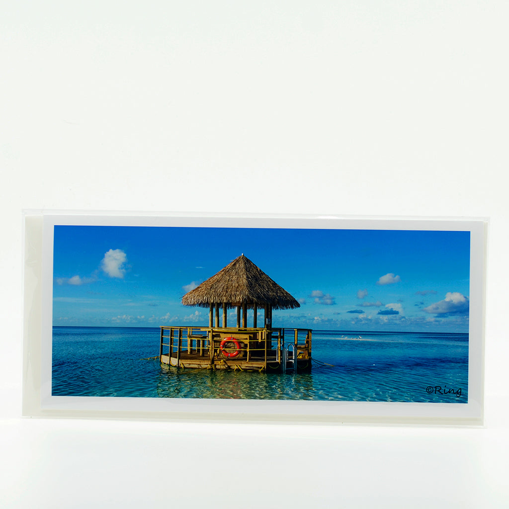 A floating bar in Coco Cay, Bahamas on a pano notecard