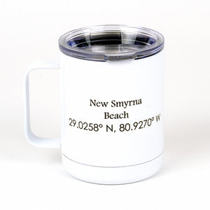 13 ounces stainless steel (white) Flagler mug side with New Smyrna Beach with lat and long