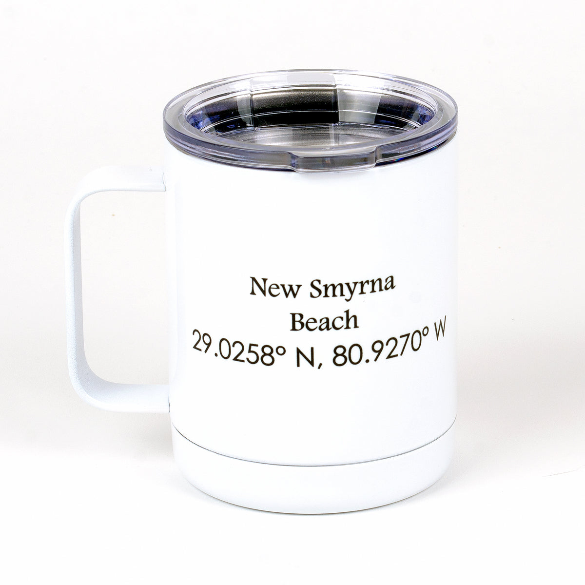 13 ounces stainless steel (white) NSB Chart mug side with New Smyrna Beach with lat and long