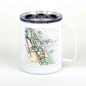 13 ounces stainless steel (white) NSB Chart mug side with New Smyrna Beach with lat and long