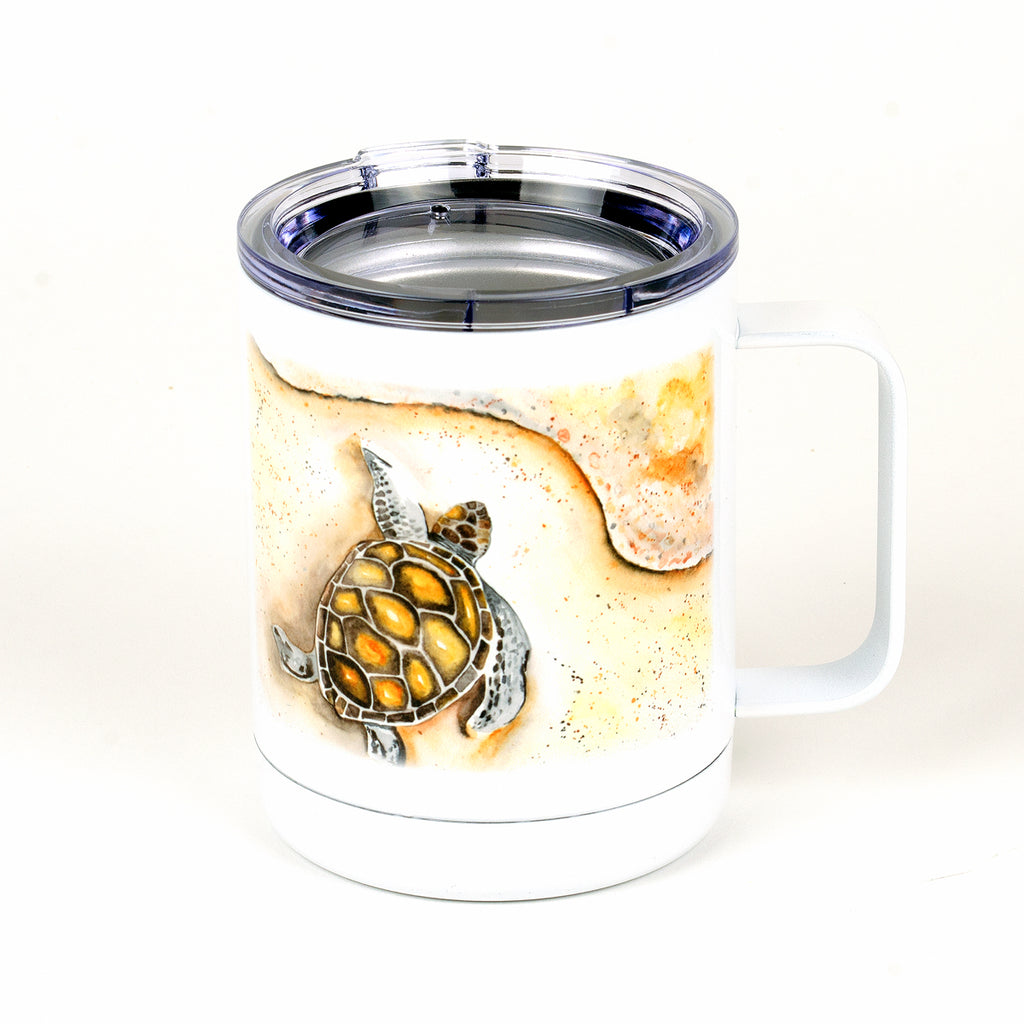 13 ounces stainless steel (white) Sea Turtle mug side with New Smyrna Beach with lat and long