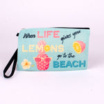 Large Polyester Linen Zip Pouch (When life gives you lemons go to the beach)
